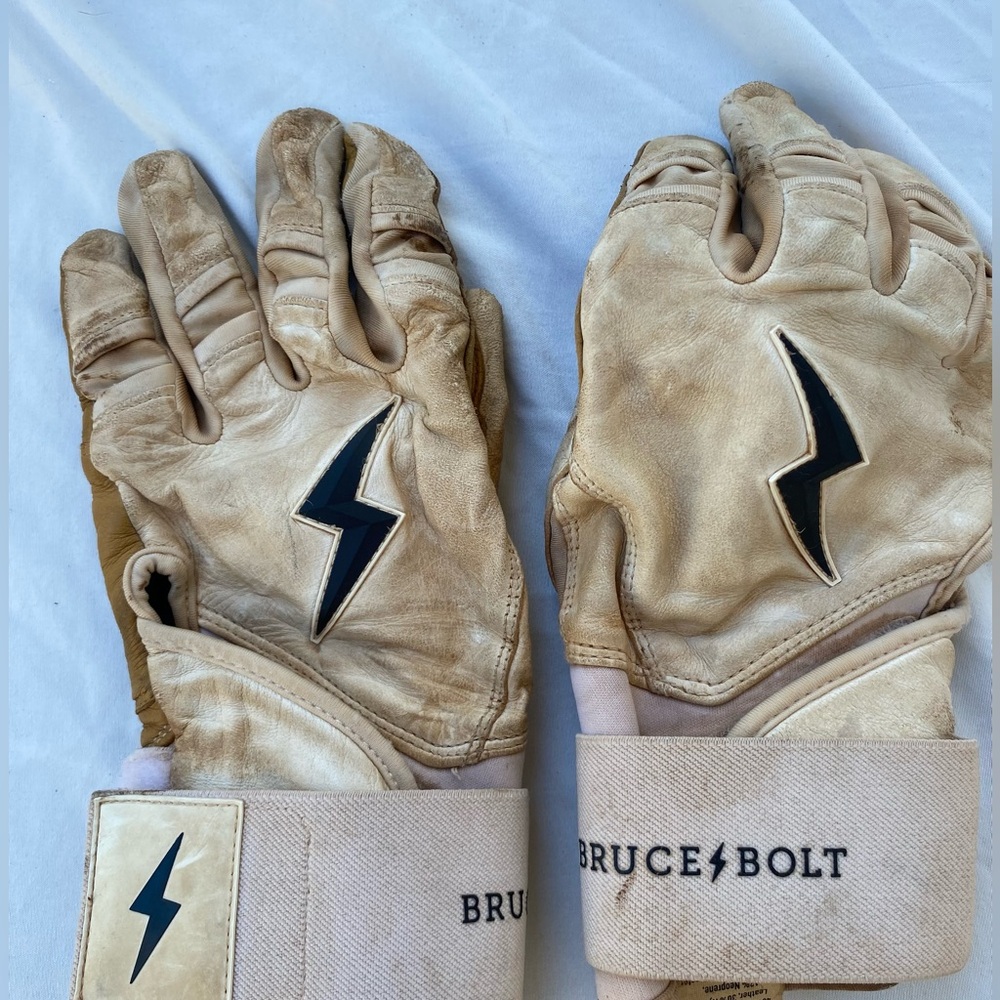 Bruce Bolt White Tan Batting Gloves - Adult Medium / Premium Pro Lng Cuff